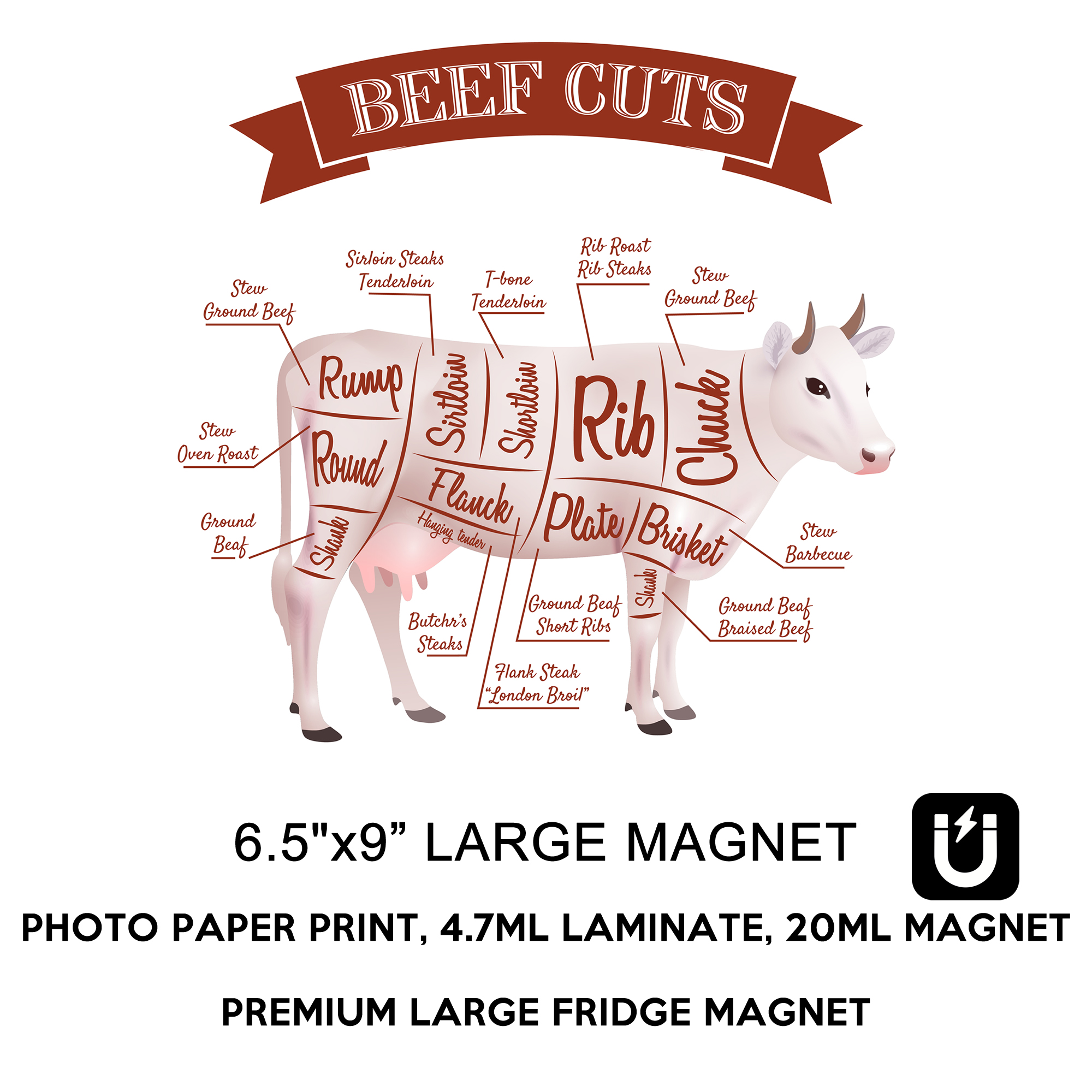 Beef Cuts Vinyl Sticker  Window Cling or Magnet with Laminate Coating in Various Sizes