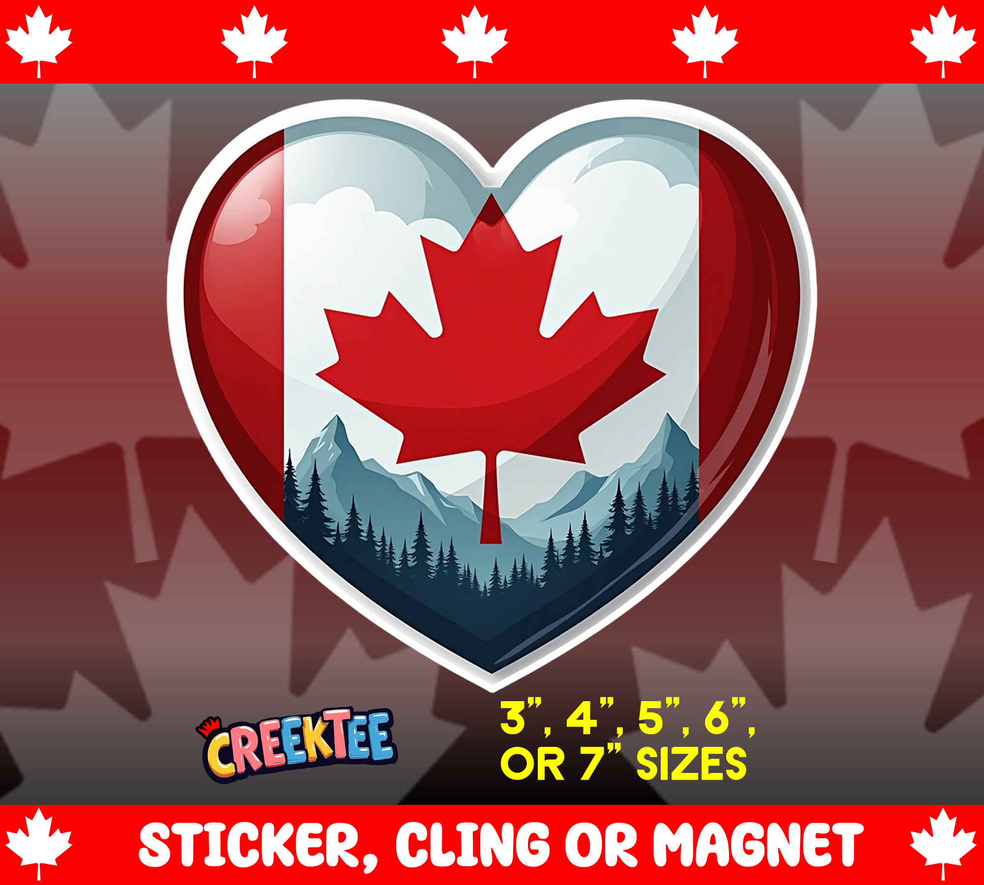 Canada Heart Die Cut Vinyl Sticker Window Cling or Magnet with Laminate Coating in Various Sizes