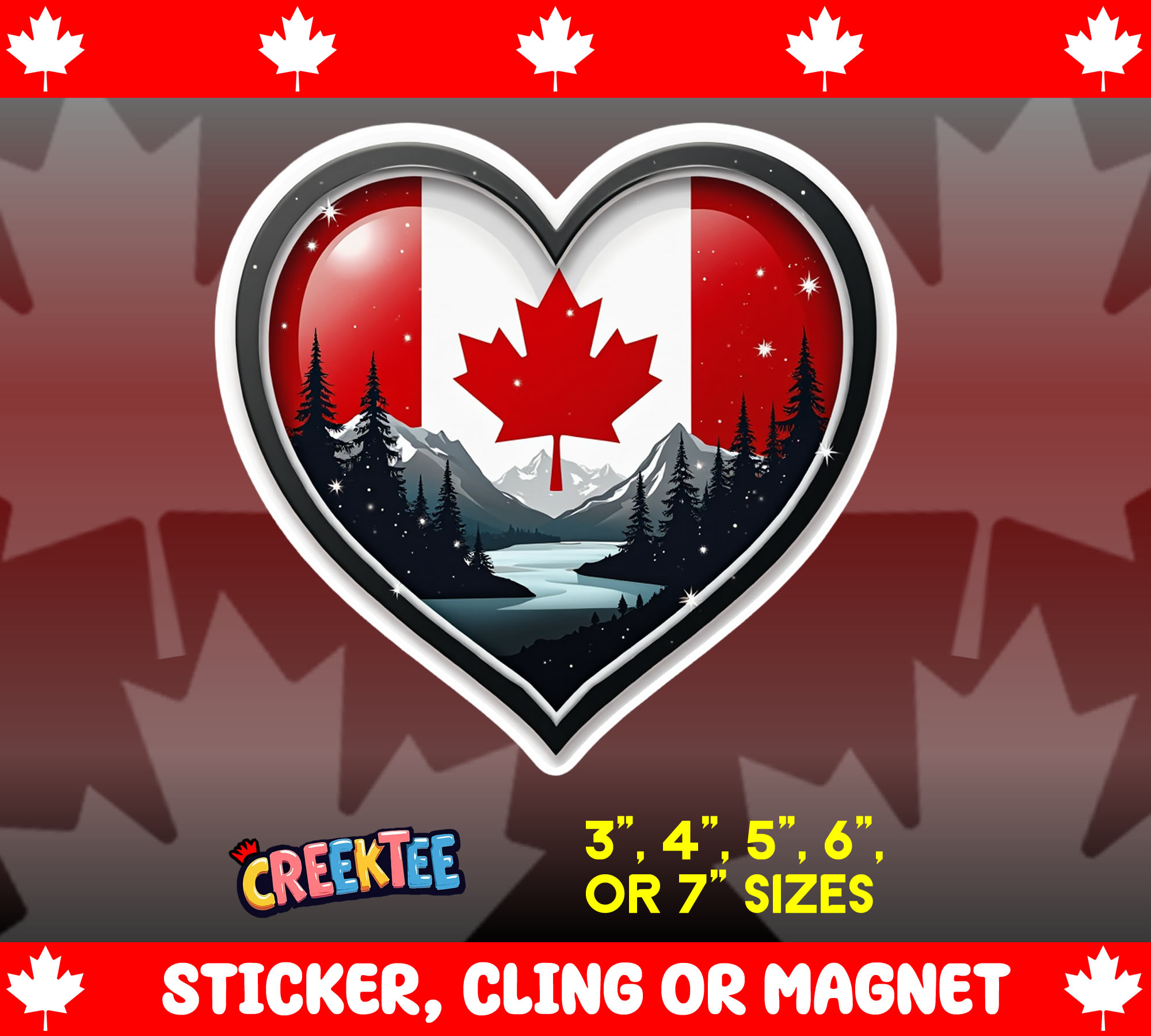 Canada Heart Die Cut Vinyl Sticker Window Cling or Magnet with Laminate Coating in Various Sizes