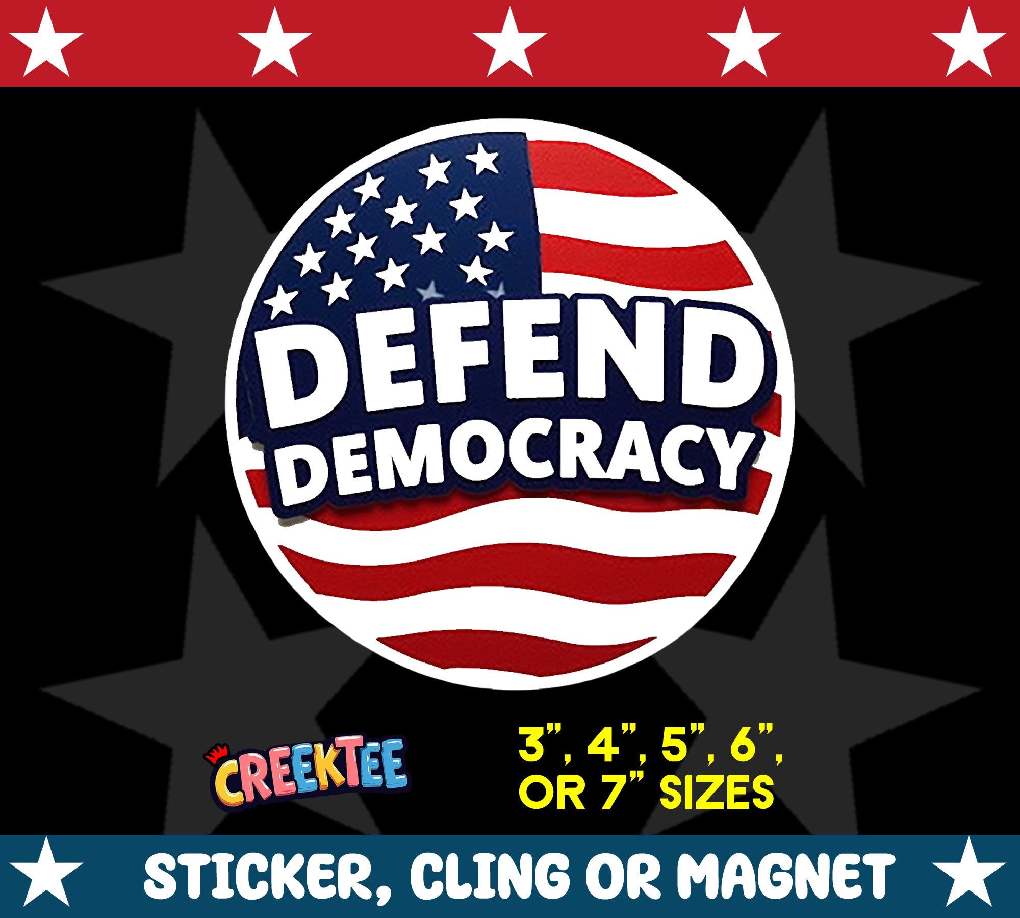 Defend Democracy Sticker Window Cling or Magnet with Laminate Coating in Various Sizes