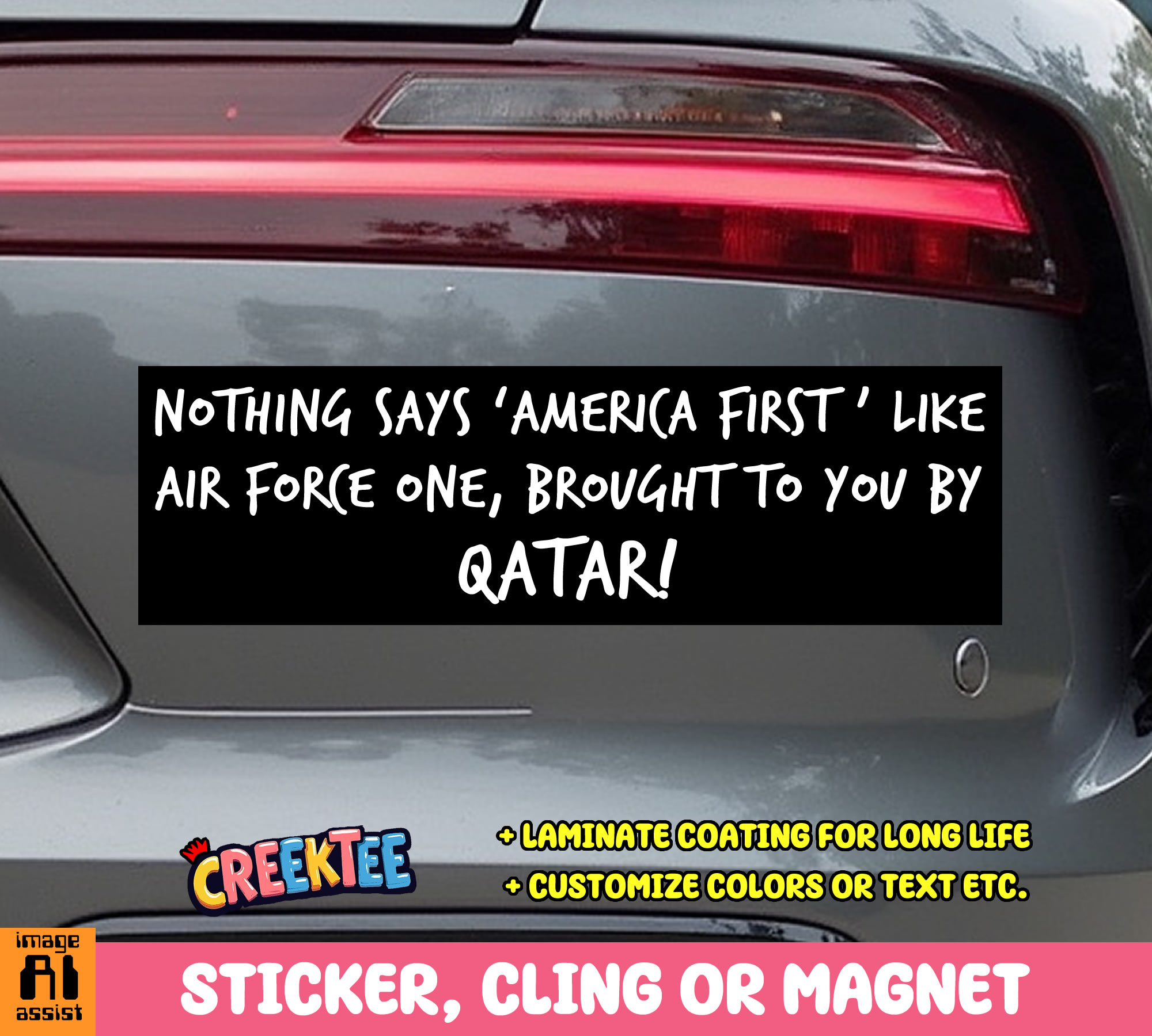Nothing Says America First like Air Force One Brought to you by Qatar Vinyl Bumper Sticker Window Cling or Bumper Sticker Magnet in UV Laminate Coating